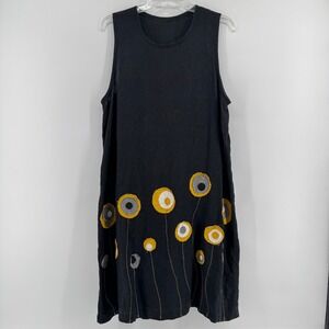 Linen Sleeveless Shift Dress Black Floral Applique Lagenlook Artsy Large XLarge